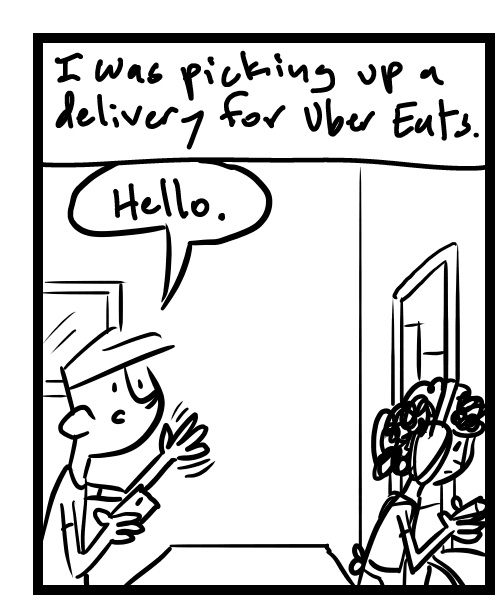 A four-panel comic about a person trying to get a restaurant emplyee's attention with headphones on - Panel 1