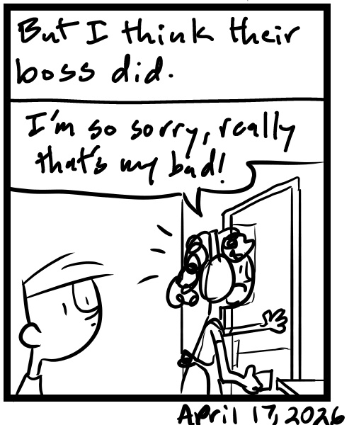 A four-panel comic about a person trying to get a restaurant emplyee's attention with headphones on - Panel 4