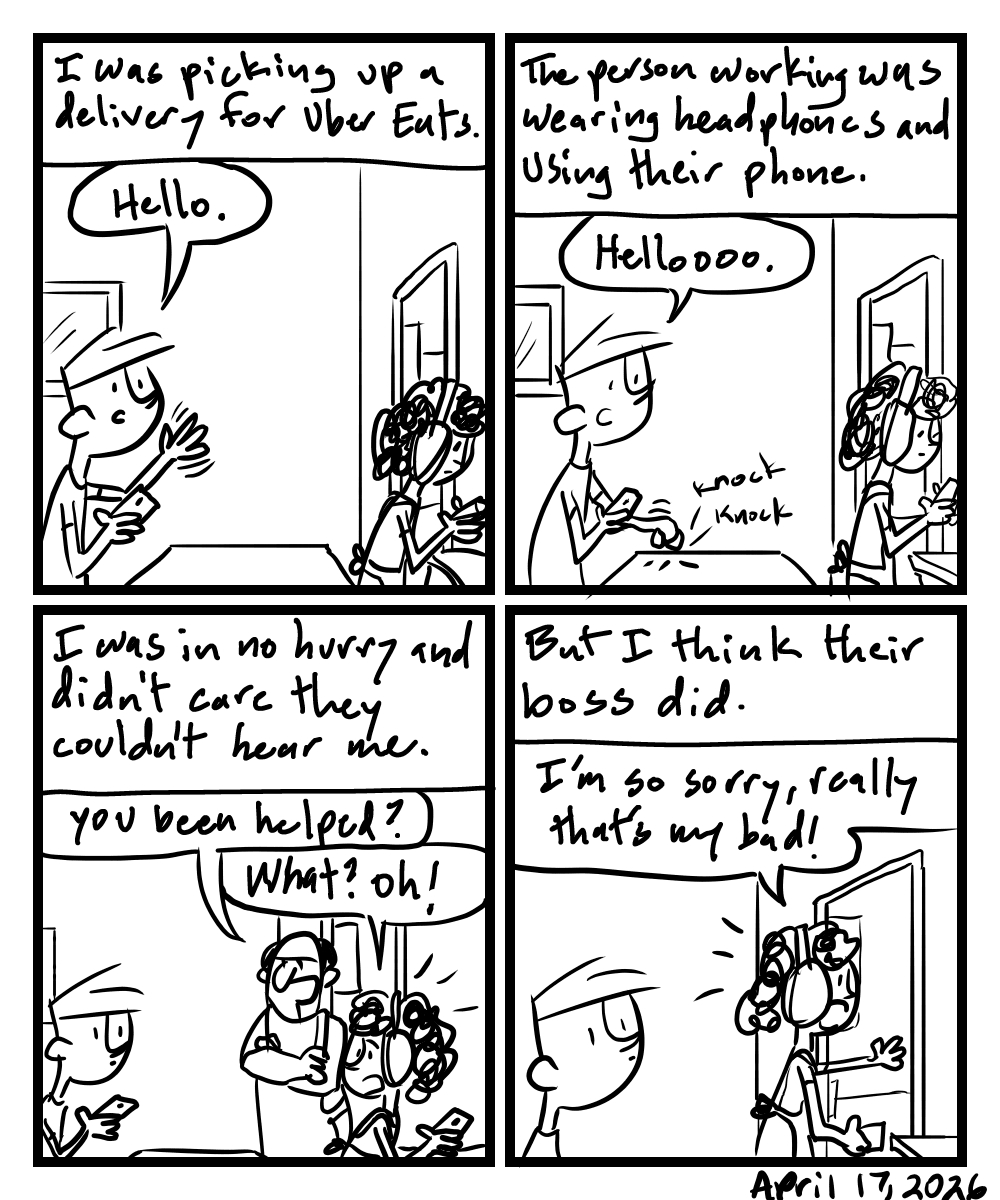 A four-panel comic about a person trying to get a restaurant emplyee's attention with headphones on