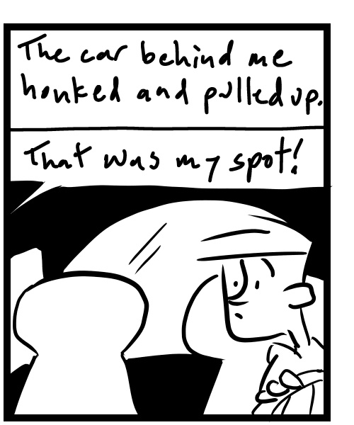 A four-panel comic about a person getting yelled at for parking his car - Panel 2