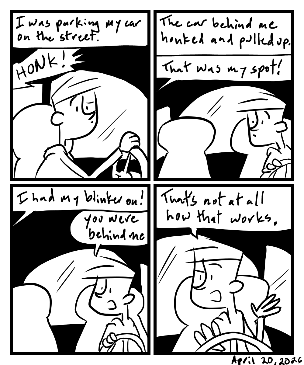 A four-panel comic about a person getting yelled at for parking his car
