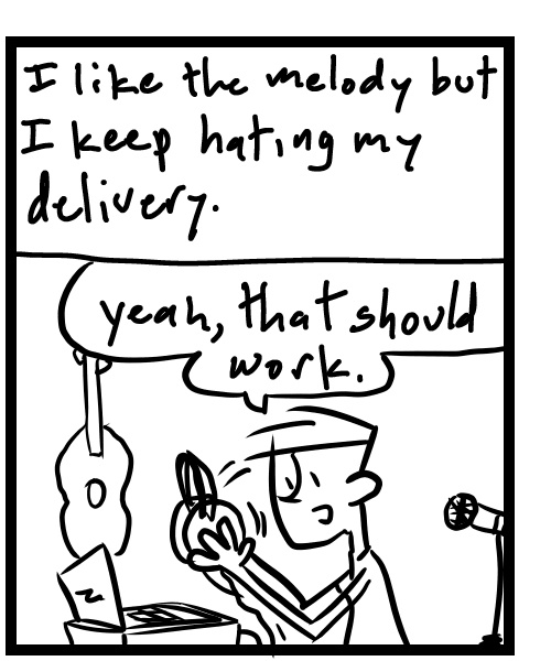 A four-panel comic about a person working on recording vocals for a song idea - Panel 2