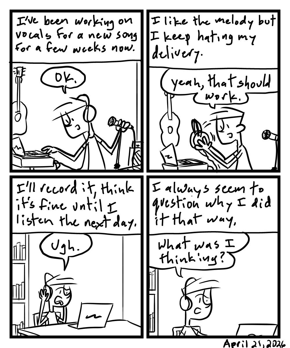 A four-panel comic about a person working on recording vocals for a song idea