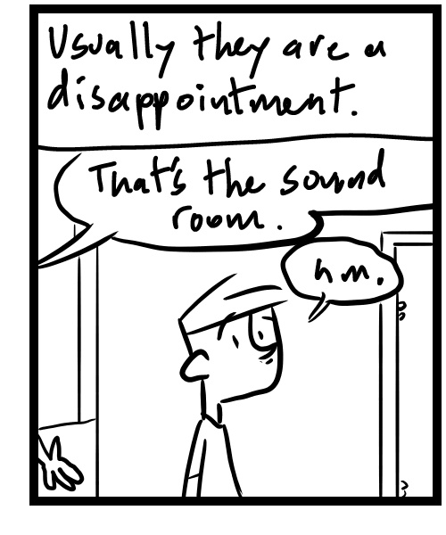 A four-panel comic about a person looking at a studio space for rent - Panel 3