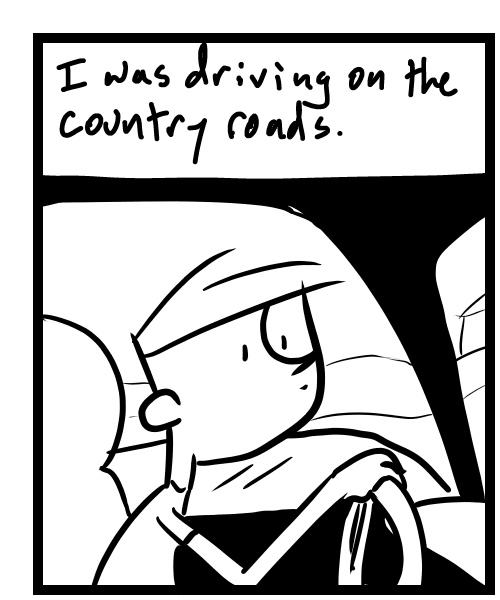 A four-panel comic about a person driving on a country road that smells like manure - Panel 1