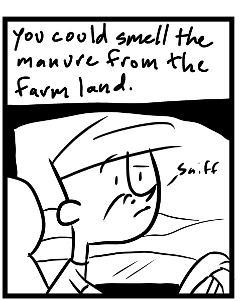 A four-panel comic about a person driving on a country road that smells like manure - Panel 2