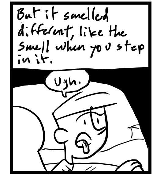A four-panel comic about a person driving on a country road that smells like manure - Panel 3