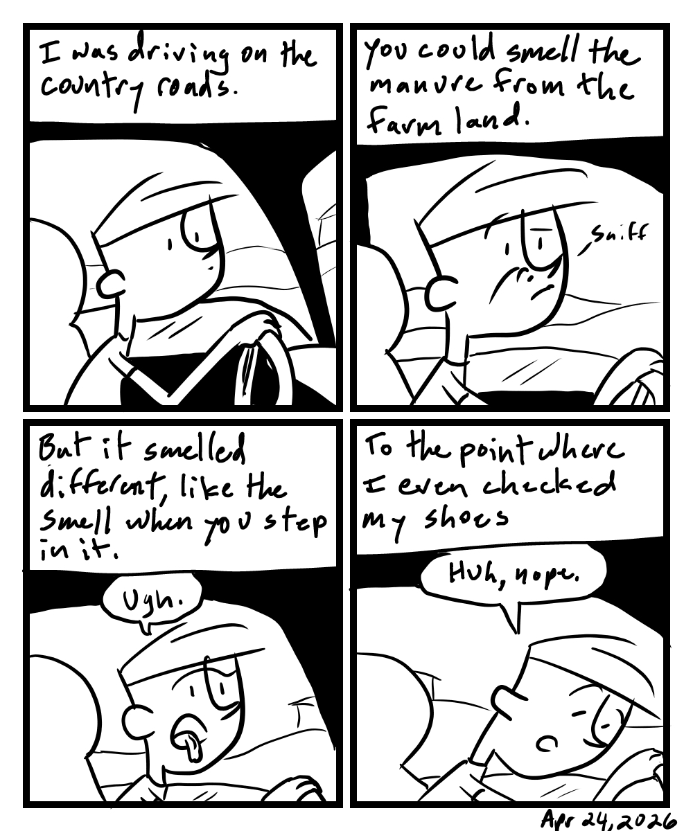 A four-panel comic about a person driving on a country road that smells like manure