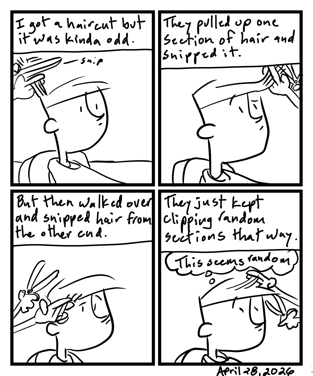 A four-panel comic about a person getting an awkward haircut