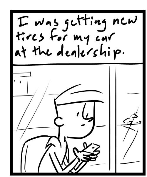A four-panel comic about a person waiting at the dealership and a kid staring at them - Panel 1
