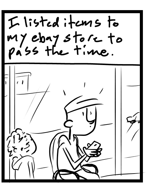 A four-panel comic about a person waiting at the dealership and a kid staring at them - Panel 2