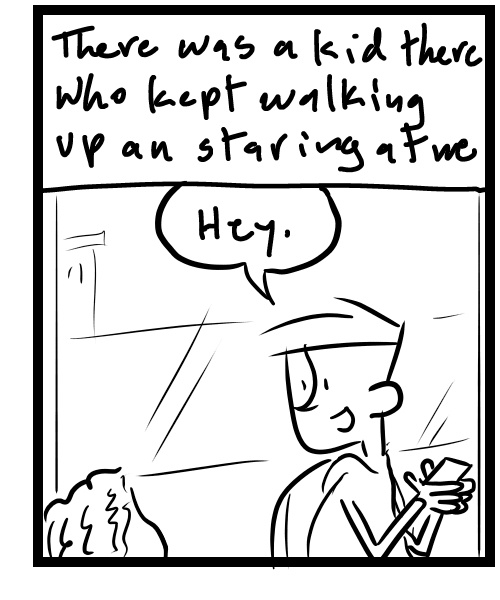 A four-panel comic about a person waiting at the dealership and a kid staring at them - Panel 3