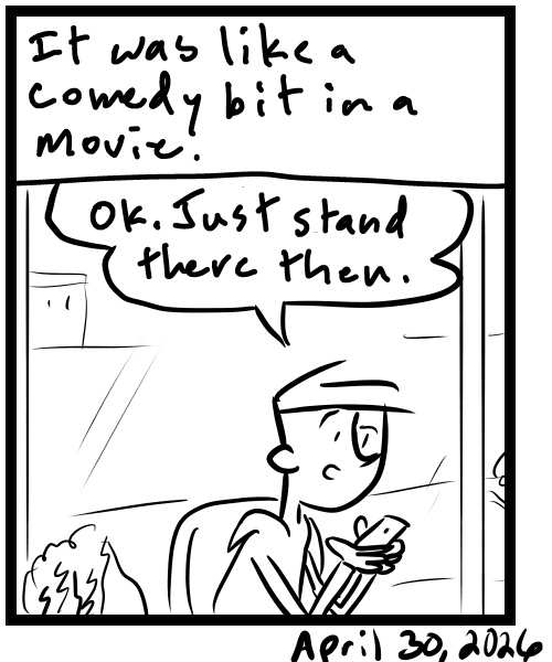 A four-panel comic about a person waiting at the dealership and a kid staring at them - Panel 4