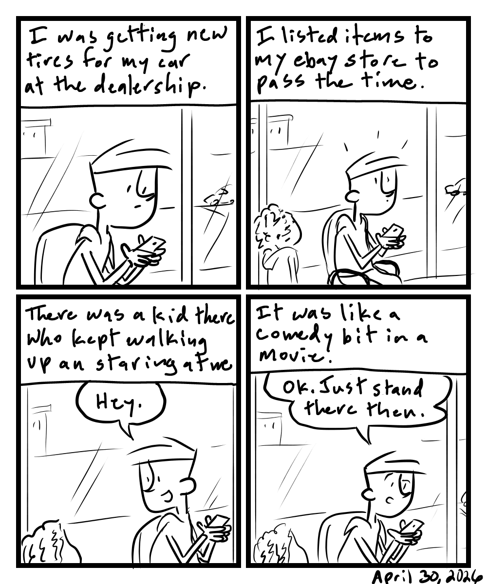 A four-panel comic about a person waiting at the dealership and a kid staring at them