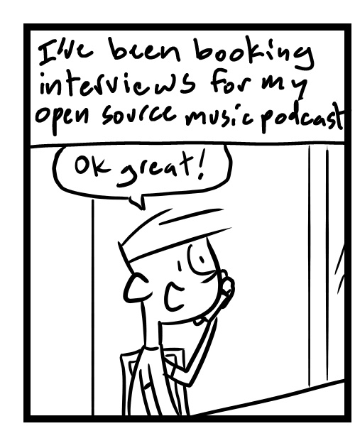 A four-panel comic about a person talking on the phone and ending by saying bye bye - Panel 1