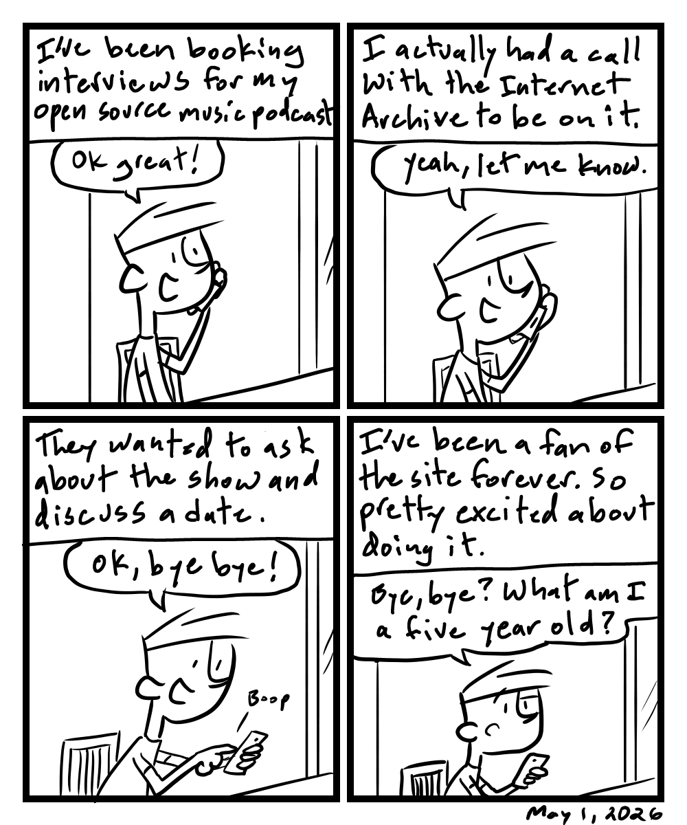 A four-panel comic about a person talking on the phone and ending by saying bye bye