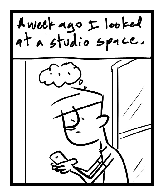 A four-panel comic about a person thinking before sending a about passing on a studio space - Panel 1