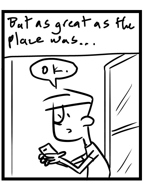 A four-panel comic about a person thinking before sending a about passing on a studio space - Panel 2