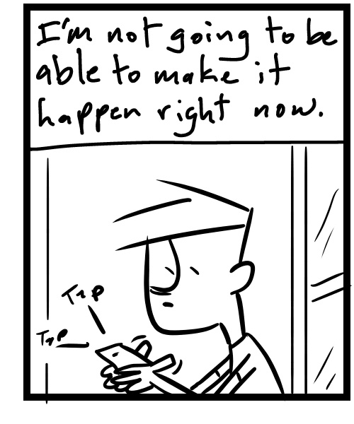 A four-panel comic about a person thinking before sending a about passing on a studio space - Panel 3