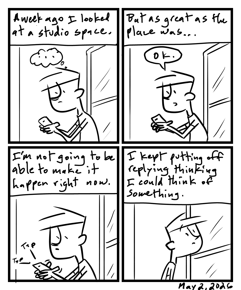 A four-panel comic about a person thinking before sending a about passing on a studio space