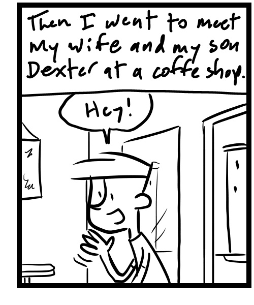 A four-panel comic about a person doing different things on a Sunday like a podcast and getting coffee - Panel 3