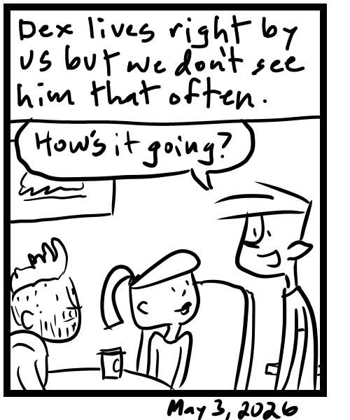 A four-panel comic about a person doing different things on a Sunday like a podcast and getting coffee - Panel 4
