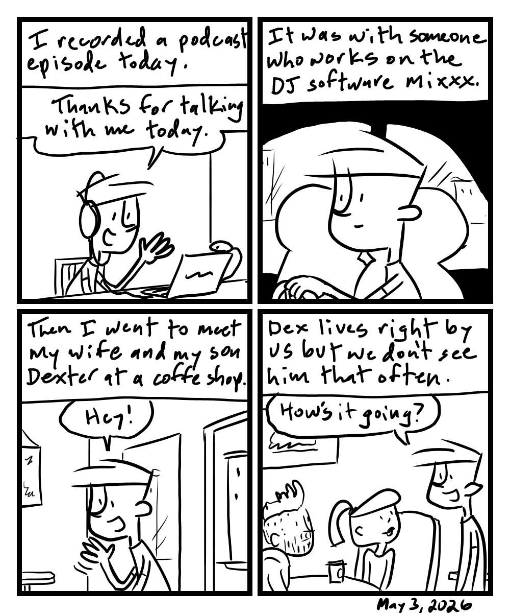 A four-panel comic about a person doing different things on a Sunday like a podcast and getting coffee