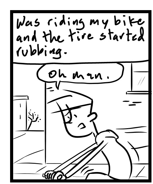 A four-panel comic about a person trying to figure out what is wrong with his bike - Panel 1