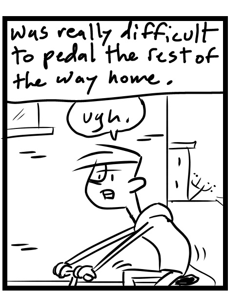 A four-panel comic about a person trying to figure out what is wrong with his bike - Panel 2