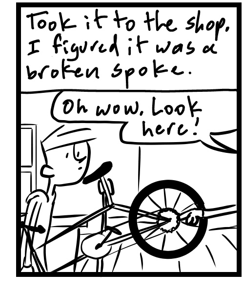 A four-panel comic about a person trying to figure out what is wrong with his bike - Panel 3