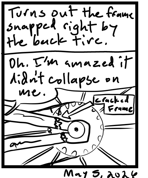 A four-panel comic about a person trying to figure out what is wrong with his bike - Panel 4