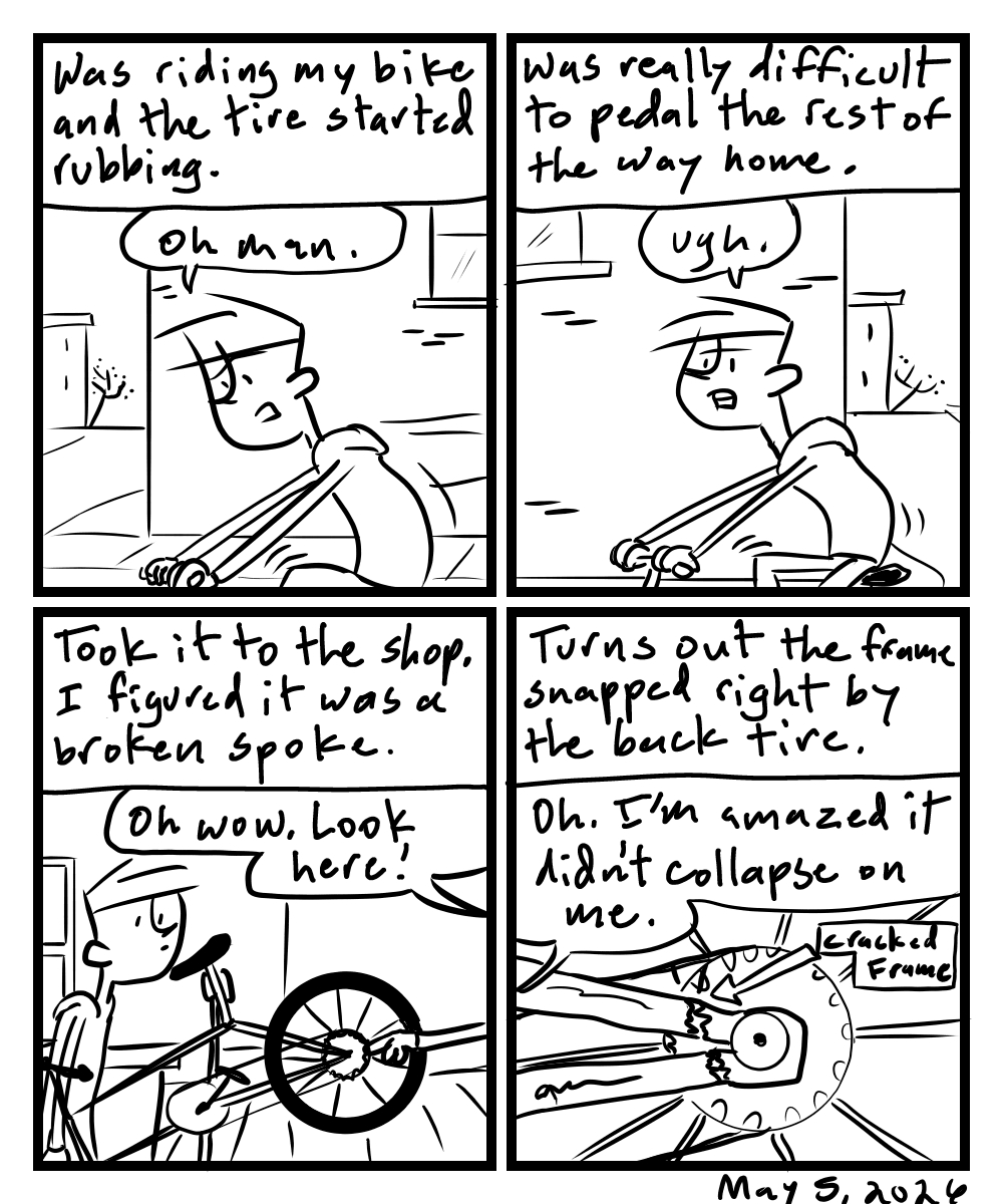 A four-panel comic about a person trying to figure out what is wrong with his bike