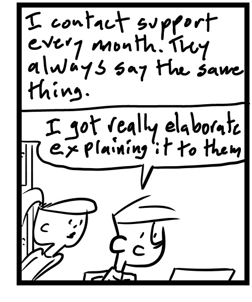 A four-panel comic about a person contacting Facebook support to fix their account - Panel 3