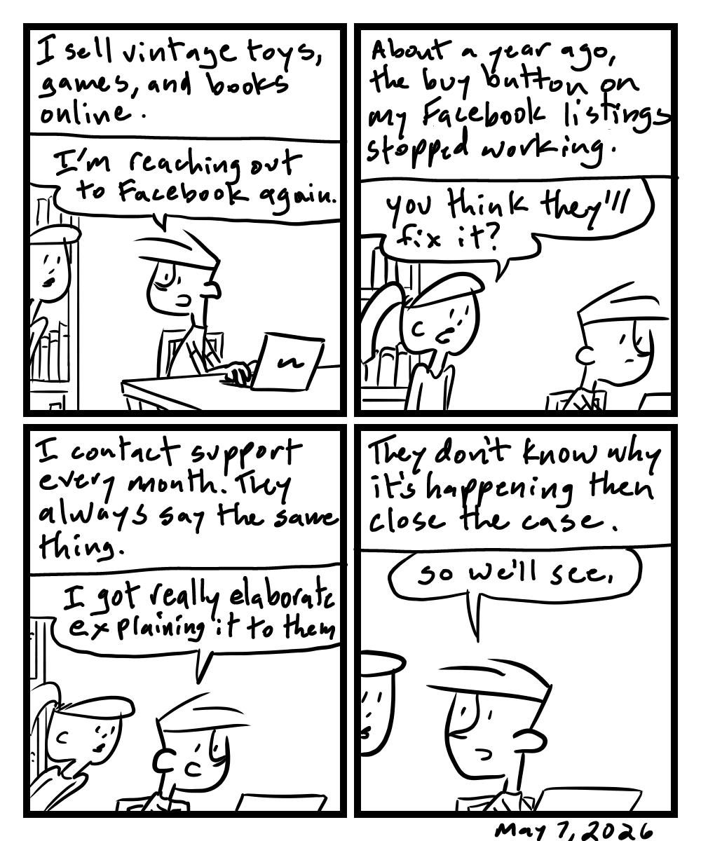 A four-panel comic about a person contacting Facebook support to fix their account