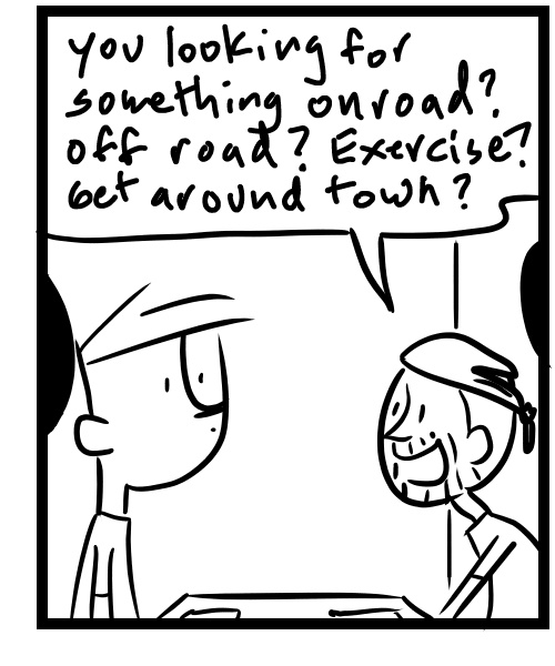 A four-panel comic about a person looking to get a new bike - Panel 3