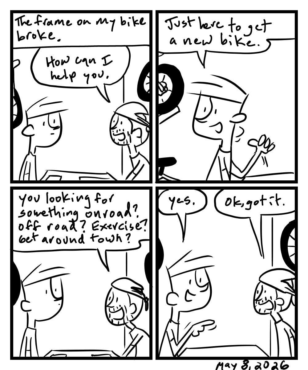 A four-panel comic about a person looking to get a new bike