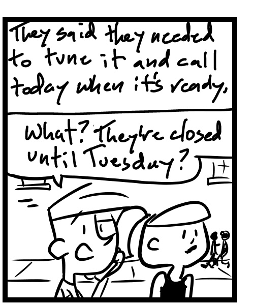 A four-panel comic about a people walking while one calls to see if his bike is ready - Panel 2