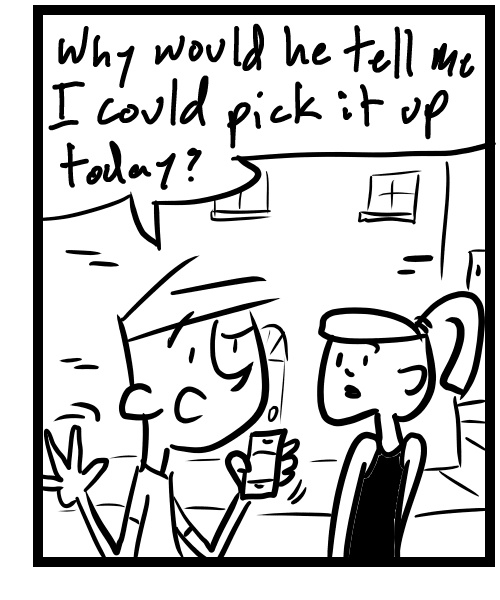 A four-panel comic about a people walking while one calls to see if his bike is ready - Panel 3