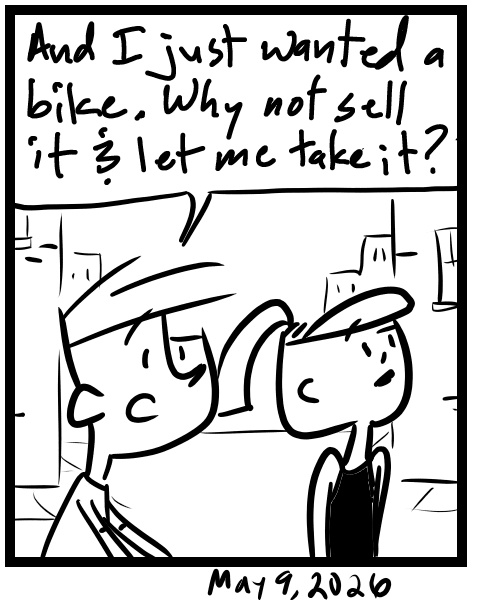 A four-panel comic about a people walking while one calls to see if his bike is ready - Panel 4