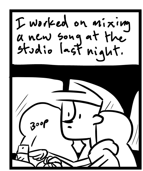 A four-panel comic about a person listening to a song mix he was working on in the car - Panel 1
