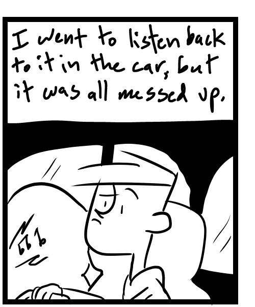 A four-panel comic about a person listening to a song mix he was working on in the car - Panel 2