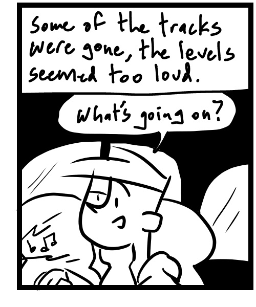 A four-panel comic about a person listening to a song mix he was working on in the car - Panel 3