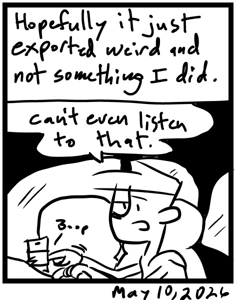 A four-panel comic about a person listening to a song mix he was working on in the car - Panel 4