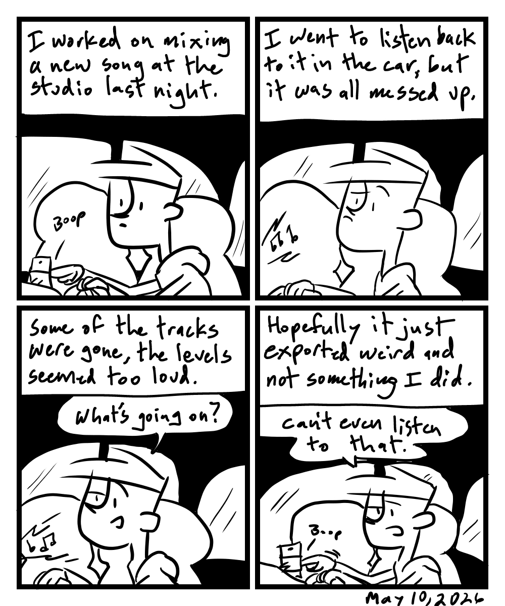A four-panel comic about a person listening to a song mix he was working on in the car