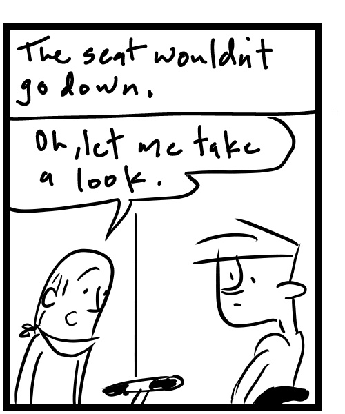 A four-panel comic about a person buying a bike but the seat won't adjust - Panel 2