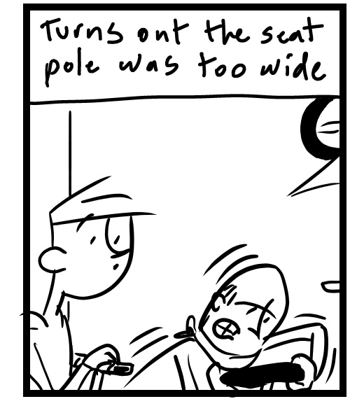 A four-panel comic about a person buying a bike but the seat won't adjust - Panel 3