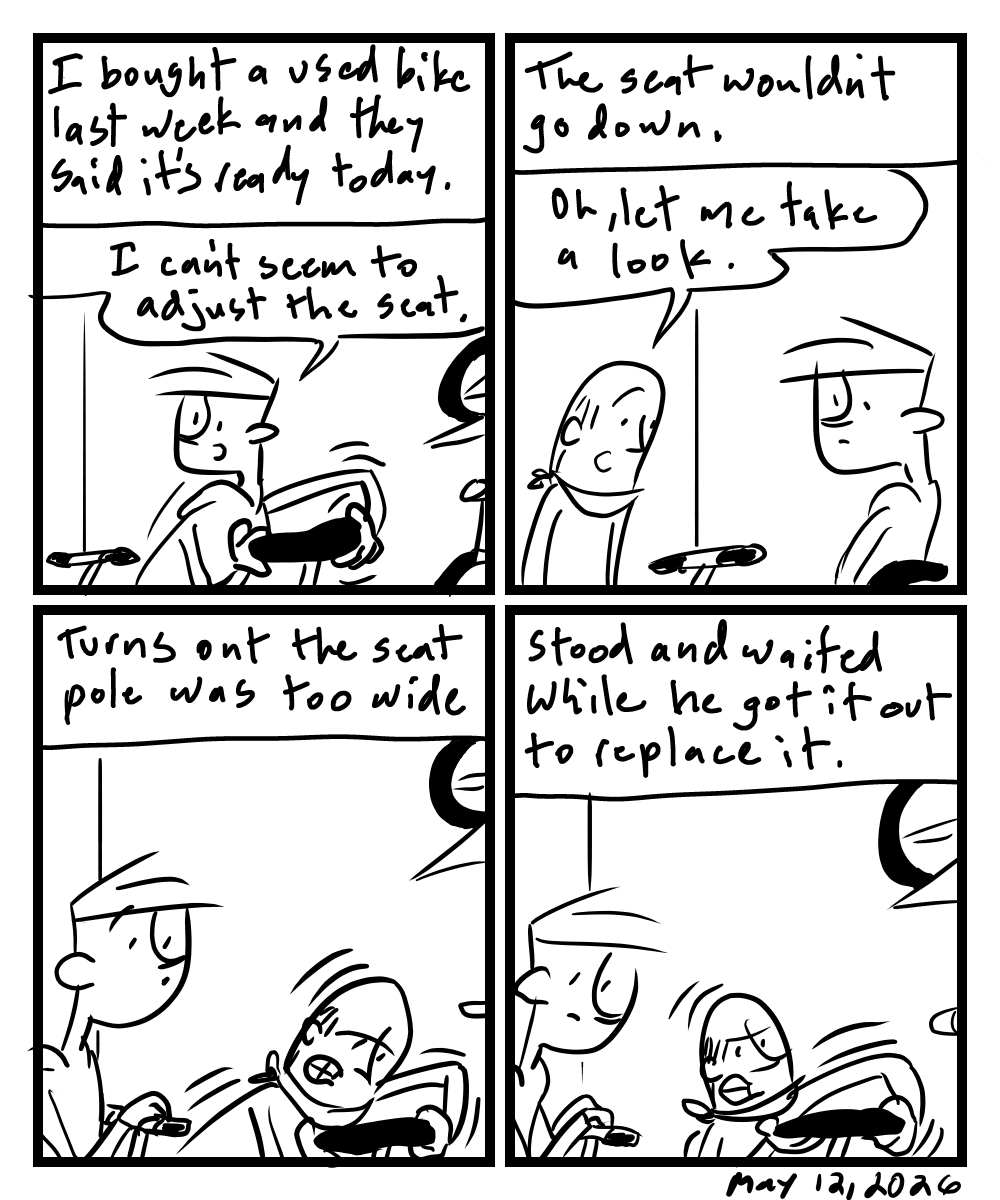 A four-panel comic about a person buying a bike but the seat won't adjust