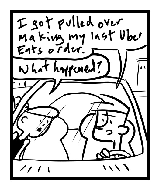 A four-panel comic about people in a car talking about getting a speeding ticket - Panel 1