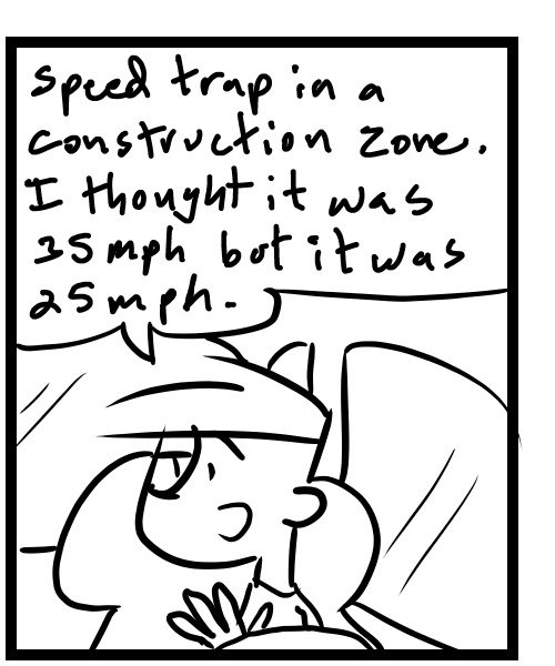 A four-panel comic about people in a car talking about getting a speeding ticket - Panel 2