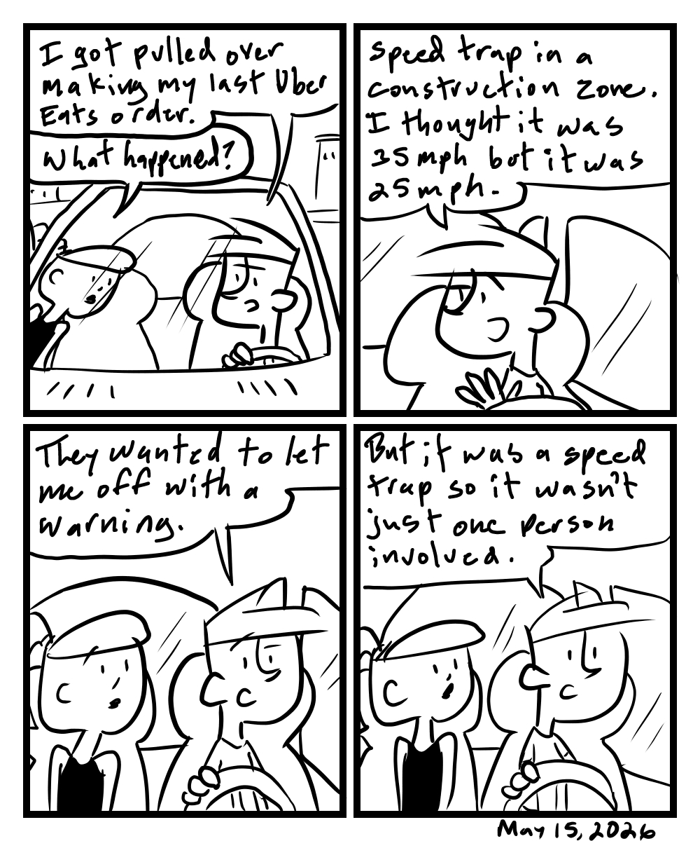A four-panel comic about people in a car talking about getting a speeding ticket